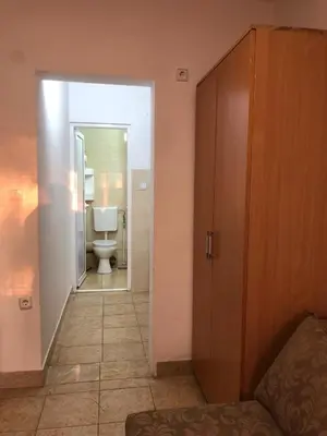 a bathroom with a toilet and a sliding door at Dzenan apartmani in Dobra Voda