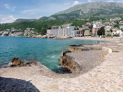 a view of a beach with buildings and the water at Dubrava 112 in Dobra Voda