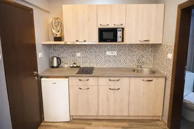 a small kitchen with a sink and a microwave at Villa Sun Budva in Budva