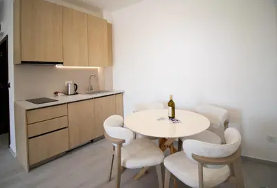 a kitchen with a table and chairs in a room at Alpesa Apartments in Budva