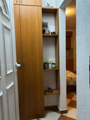 a room with a wooden door and a room with a bed at Nikolaj in Podgorica