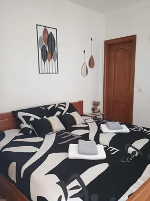 a bedroom with a black and white bed with towels on it at Nikolaj in Podgorica