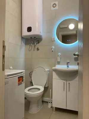 a bathroom with a toilet and a sink and a mirror at Golden Nook in Podgorica