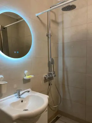 a bathroom with a sink and a shower with a mirror at Golden Nook in Podgorica