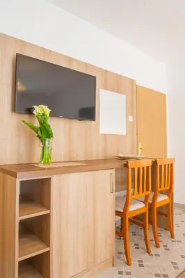 a room with a desk with a tv and two chairs at Vila Mitrovic in Budva