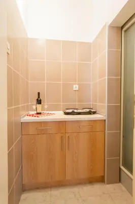 a kitchen with a counter with a bottle of wine at Vila Mitrovic in Budva