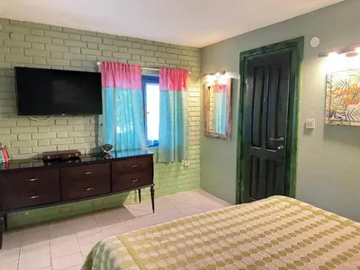 a bedroom with a bed and a flat screen tv at Charming Cozy Home on the Beach in Kaluđerac