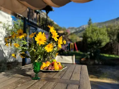 a vase filled with yellow flowers on a wooden table at Charming Cozy Home on the Beach in Kaluđerac