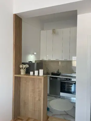 a kitchen with white cabinets and stainless steel appliances at Studio 78 - Tuški put in Podgorica