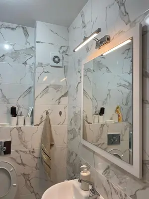 a bathroom with a sink and a mirror at Studio 78 - Tuški put in Podgorica