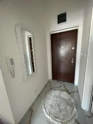 a hallway with a door and a mirror and a rug at Studio 78 - Tuški put in Podgorica