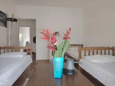 a vase with flowers on a table with two beds at Studio Dream III soba in Bar