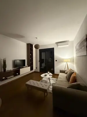 a living room with a couch and a tv at Hill Apartment in Podgorica