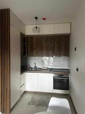 a kitchen with white cabinets and a black appliance at Hill Apartment in Podgorica