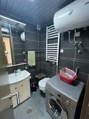 a bathroom with a washing machine and a toilet at Engora 10 Voli in Petrovac na Moru