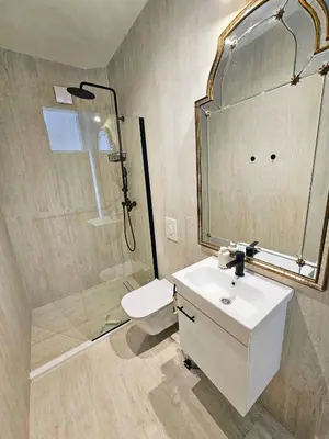 a bathroom with a shower and a sink and a toilet at Stone Villa at the Vrelo in Dobra Voda