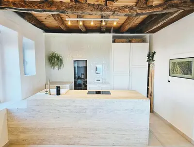 a large room with a wooden ceiling and a table at Stone Villa at the Vrelo in Dobra Voda