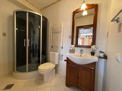 a bathroom with a toilet and a sink and a shower at Apartments Villa St. Bar in Bar