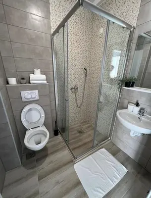 a bathroom with a shower and a toilet and a sink at Apartment Complex with Pool in Bar, Montenegro in Bar
