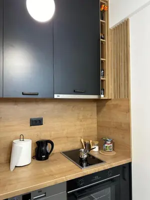 a kitchen with a counter top with a sink and a stove at Tre Sorelle in Podgorica