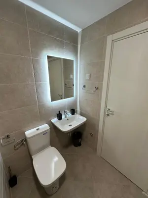 a bathroom with a toilet and a sink and a mirror at Tre Sorelle in Podgorica