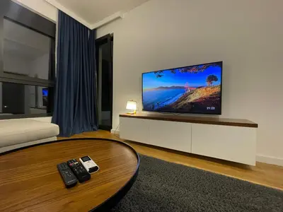 a living room with a flat screen tv on a wall at Apartman Ognjen in Bar