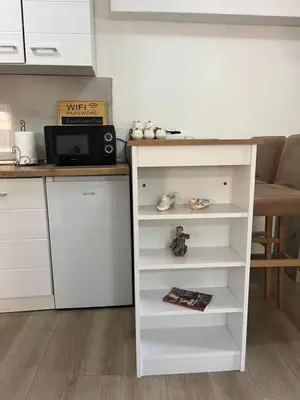 a kitchen with a counter and a white shelf at Apartment Stari Konak in Virpazar