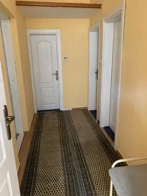 a hallway with two doors and a carpet at Galicia Hills in Becici