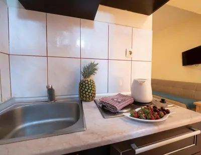 a kitchen counter with a sink and a bowl of fruit at Palma Rooms & Suites Budva in Budva