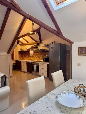 a kitchen with a table with chairs and a refrigerator at Tetka Apartments in Kotor