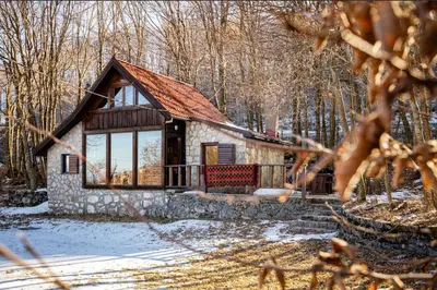 a log cabin in the woods in the snow at Montenegro Rustic House I in Bjeloši