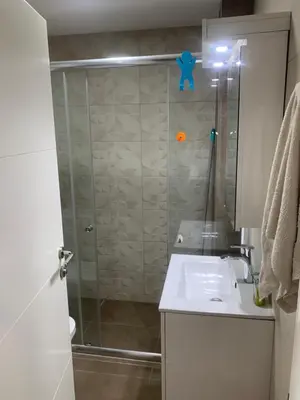 a shower with a glass door next to a sink at Stan 15 in Dobra Voda