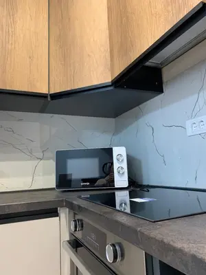 a microwave oven sitting on top of a kitchen counter at Mountain view in Budva