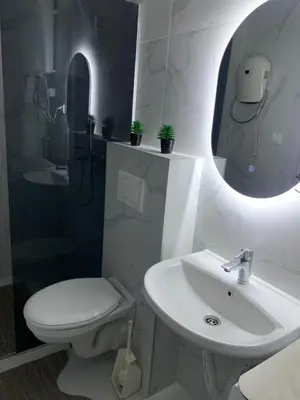 a bathroom with a toilet and a sink and a mirror at Mountain view in Budva