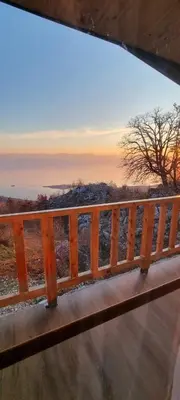 a wooden bench with a view of a tree at Home Livari Viewpoint in Livari