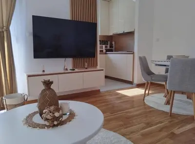 a living room with a flat screen tv and a living room at Maja 12 in Podgorica