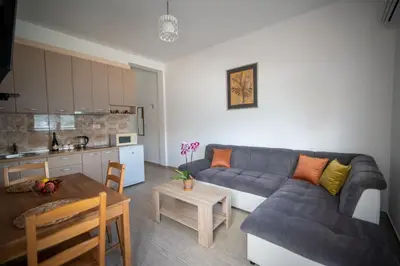 a living room with a couch and a table and a kitchen at Apartmani Bonaca in Tivat