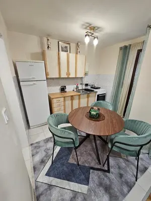 a kitchen with a table and chairs and a refrigerator at Mimoza Apartment in Budva in Budva