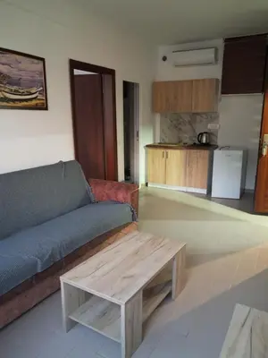 a living room with a couch and a coffee table at Apartmani Bosfor in Dobra Voda