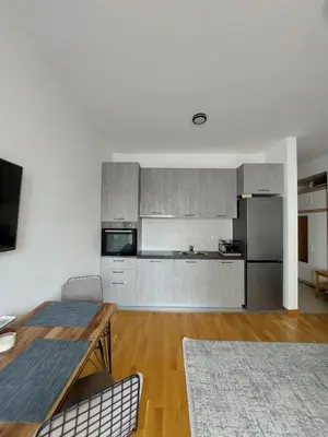 a kitchen with stainless steel appliances and a wooden table at TiN Apartment in Ulcinj