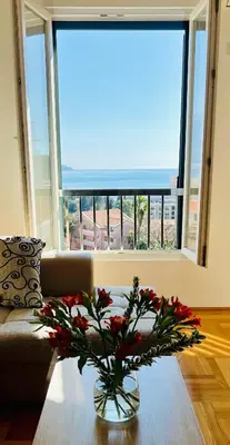 a vase with flowers on a table in front of a large window at Katarina17 in Becici
