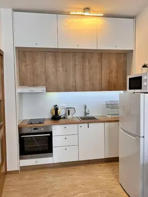 a kitchen with white cabinets and a white refrigerator at Pretty apartment near the sea! in Budva