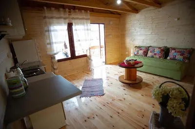 a living room with a green couch and a table at Suncica Ada Bojana in Ada