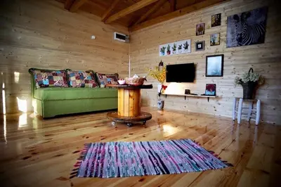 a living room with a green couch and a table at Suncica Ada Bojana in Ada