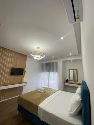 a bedroom with a large bed and a television at Morea Residence in Ulcinj