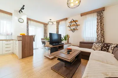 a living room with a couch and a tv at Aurora Apartment 1 with Parking in Budva