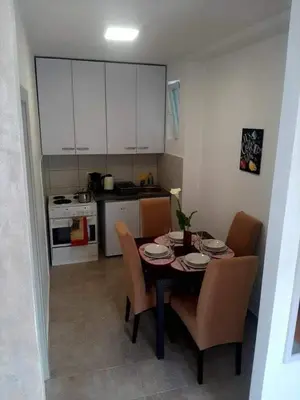 a small kitchen with a table and chairs in a room at Apartman Šušanj 2 in Bar