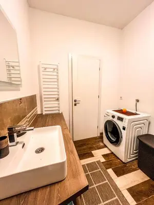 a bathroom with a sink and a washing machine at Charming Countryside Villa with Garden & Terrace near Skadar Lake in Berislavci