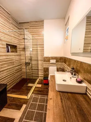 a bathroom with a sink and a shower at Charming Countryside Villa with Garden & Terrace near Skadar Lake in Berislavci