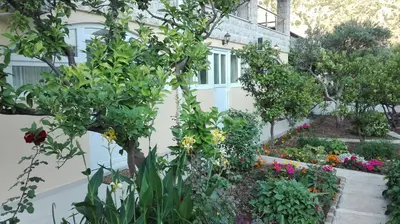 a garden in front of a house with flowers at Kotor Kelly Apartments in Kotor